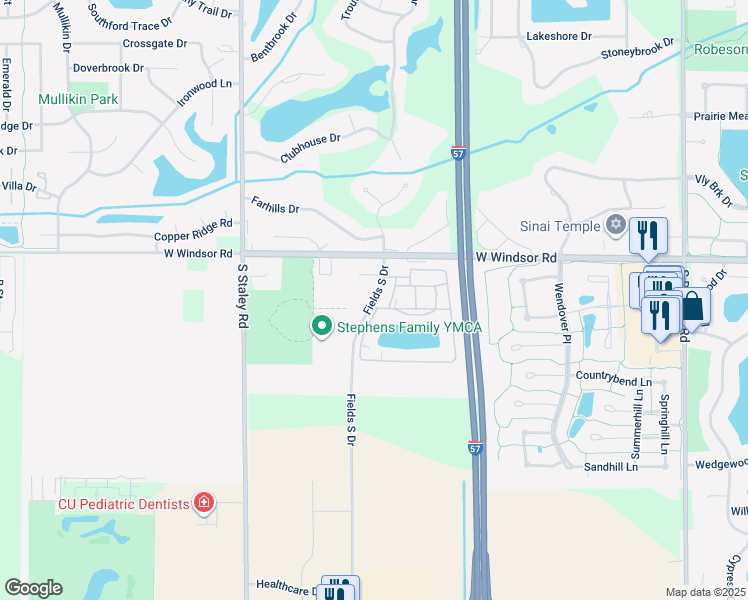 map of restaurants, bars, coffee shops, grocery stores, and more near 2416 Fields South Drive in Champaign