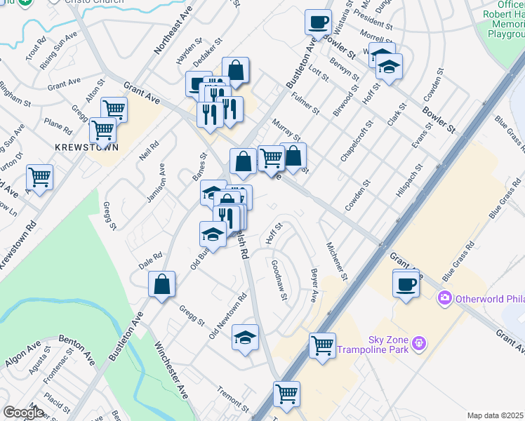 map of restaurants, bars, coffee shops, grocery stores, and more near 1865 Welsh Road in Philadelphia