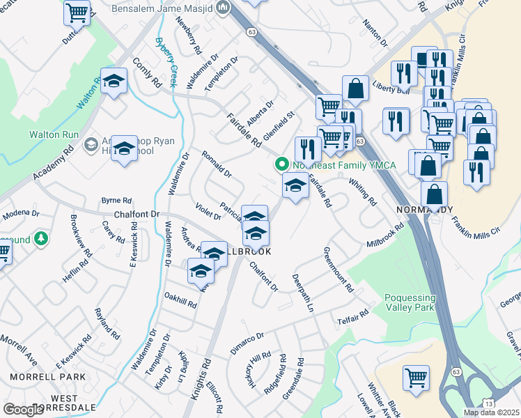 map of restaurants, bars, coffee shops, grocery stores, and more near 3991 Lancelot Place in Philadelphia