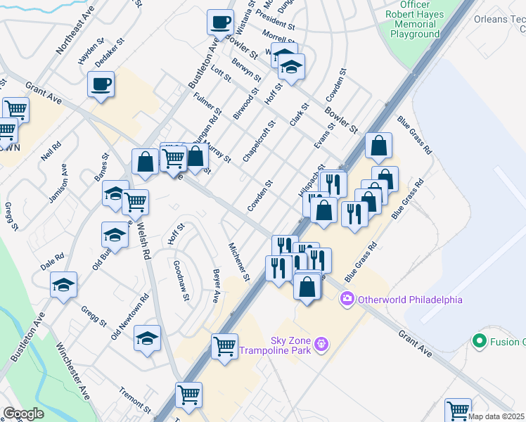 map of restaurants, bars, coffee shops, grocery stores, and more near 9516 Evans Street in Philadelphia