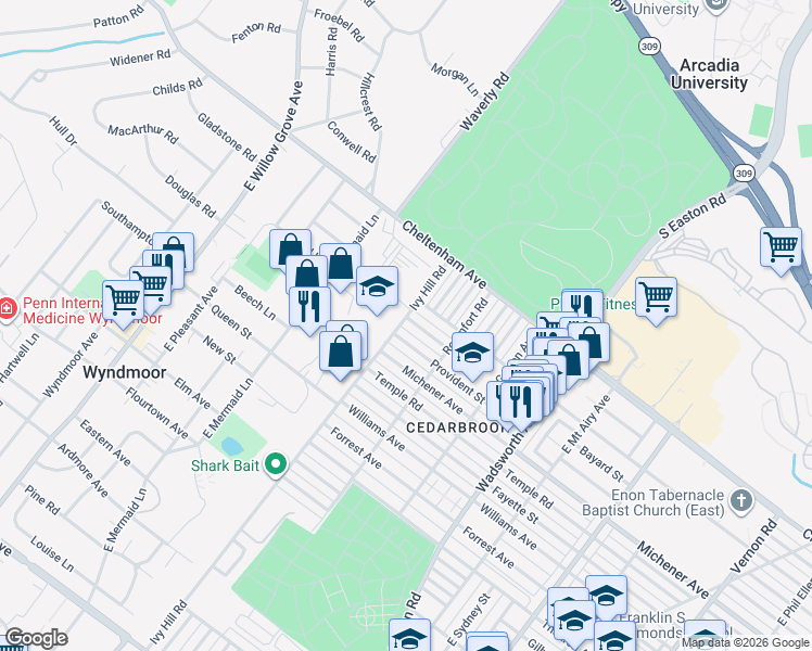 map of restaurants, bars, coffee shops, grocery stores, and more near 8658 Bayard Street in Philadelphia