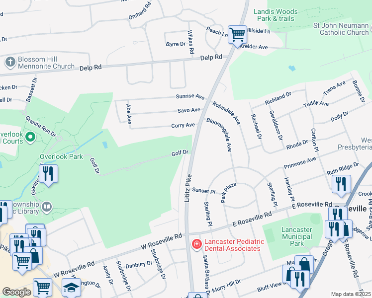 map of restaurants, bars, coffee shops, grocery stores, and more near 2012 Melody Lane in Lancaster