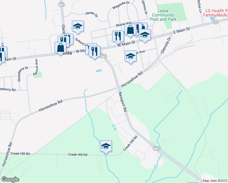 map of restaurants, bars, coffee shops, grocery stores, and more near 74 Horseshoe Road in Leola