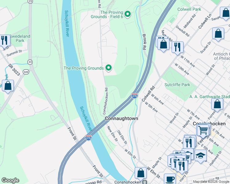 map of restaurants, bars, coffee shops, grocery stores, and more near 681 Fulton Street in Conshohocken