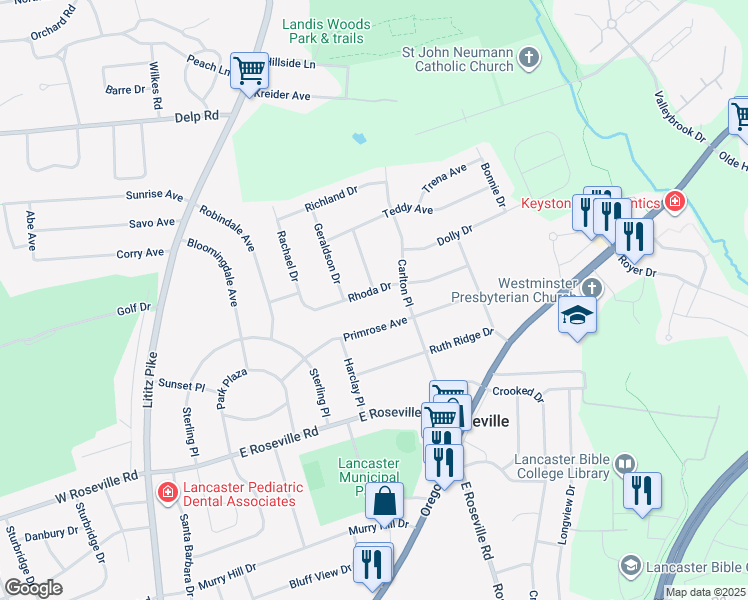 map of restaurants, bars, coffee shops, grocery stores, and more near 324 Rhoda Drive in Lancaster