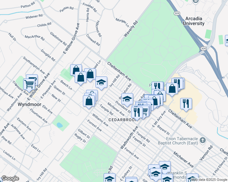 map of restaurants, bars, coffee shops, grocery stores, and more near 8639 Bayard Street in Philadelphia