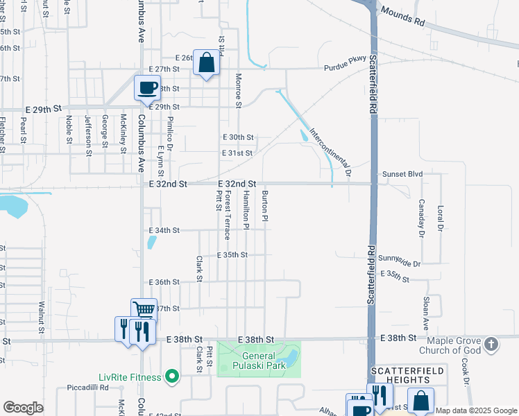 map of restaurants, bars, coffee shops, grocery stores, and more near 3208 Burton Place in Anderson