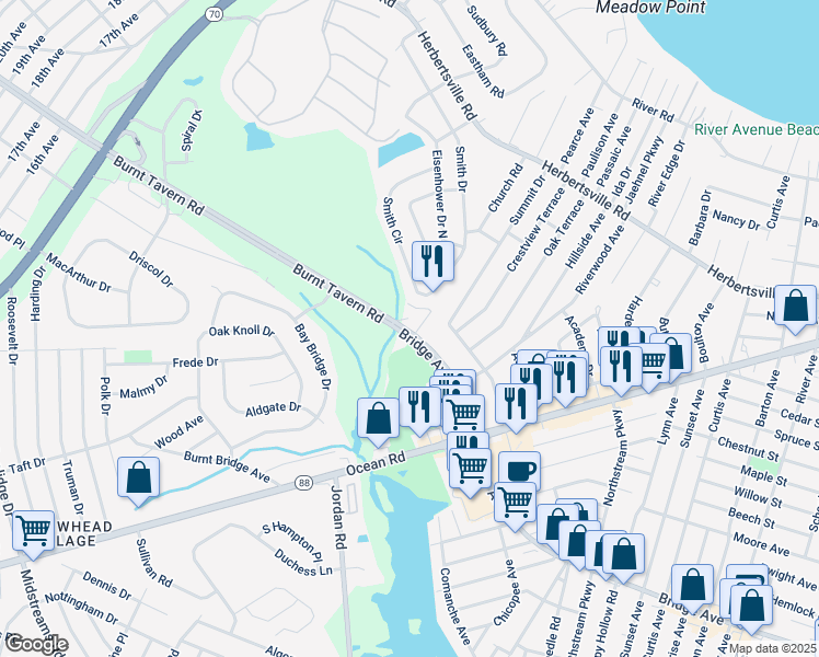 map of restaurants, bars, coffee shops, grocery stores, and more near 3431 Bridge Avenue in Point Pleasant