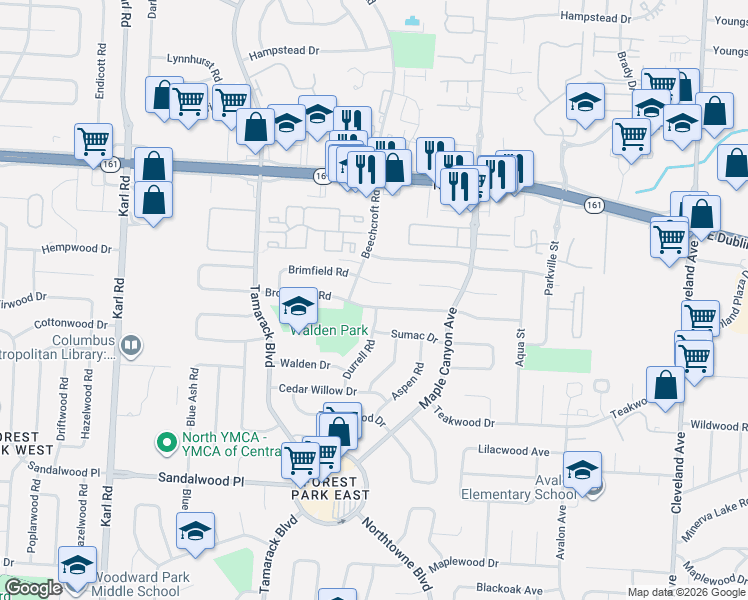 map of restaurants, bars, coffee shops, grocery stores, and more near 1961 Brimfield Court in Columbus