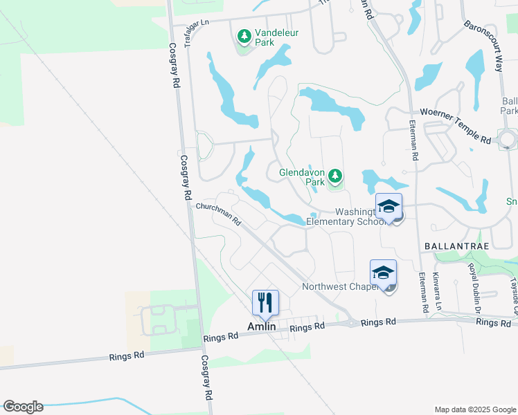 map of restaurants, bars, coffee shops, grocery stores, and more near 6996 Waters Edge Drive in Dublin