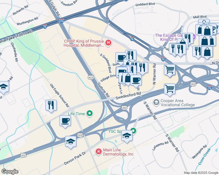 map of restaurants, bars, coffee shops, grocery stores, and more near 301 Village Drive in King of Prussia