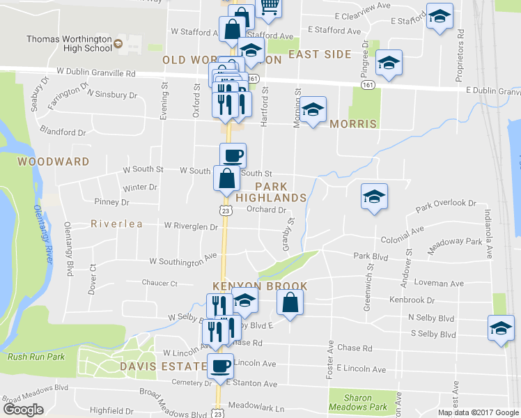 map of restaurants, bars, coffee shops, grocery stores, and more near 5850 Hartford Street in Worthington