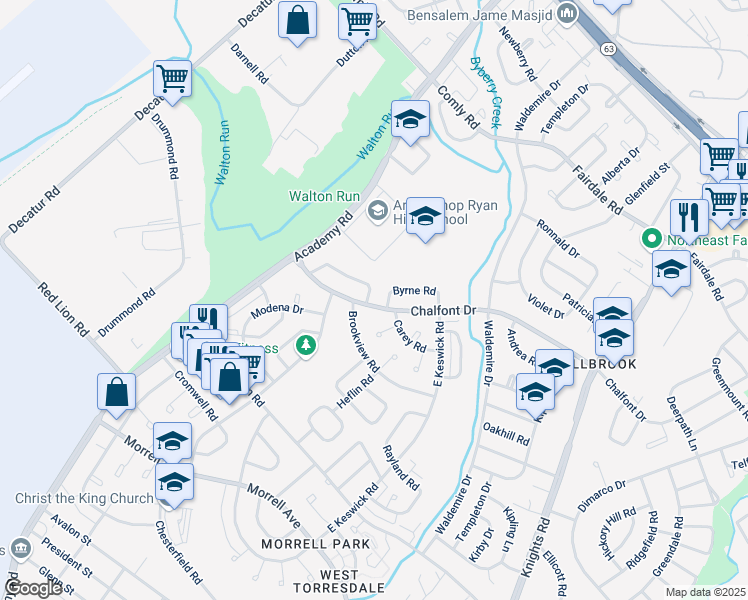 map of restaurants, bars, coffee shops, grocery stores, and more near 3503 Chalfont Drive in Philadelphia