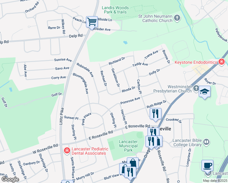 map of restaurants, bars, coffee shops, grocery stores, and more near 295 Rhoda Drive in Lancaster