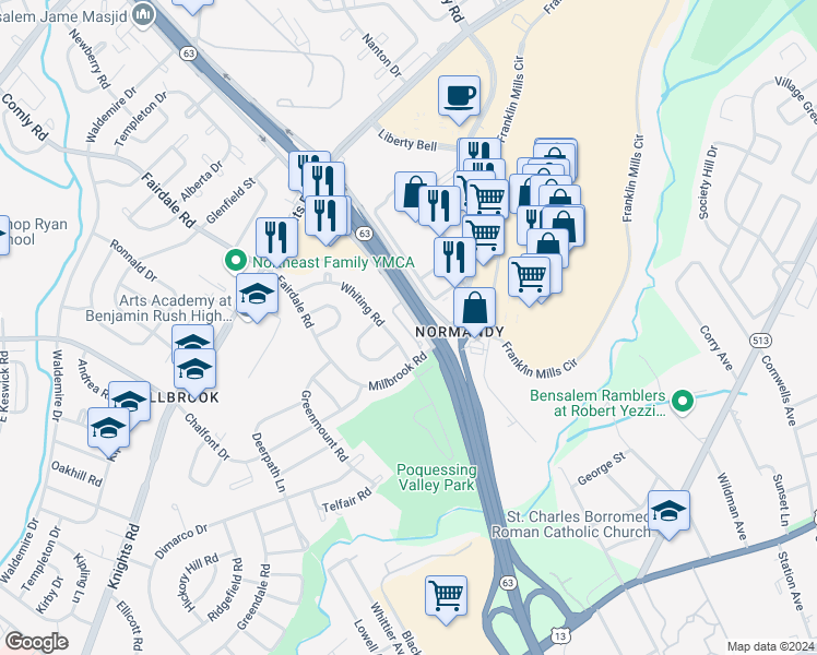 map of restaurants, bars, coffee shops, grocery stores, and more near 4217 Whiting Road in Philadelphia