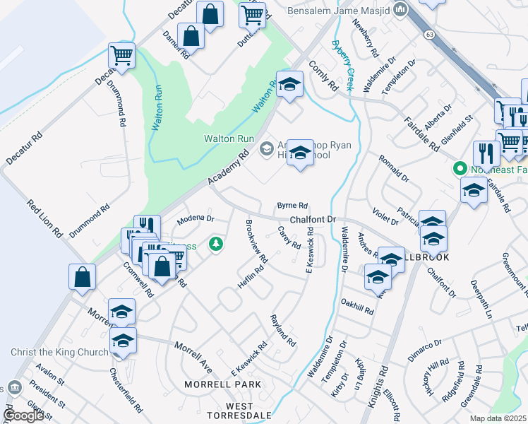 map of restaurants, bars, coffee shops, grocery stores, and more near 3503 Chalfont Drive in Philadelphia
