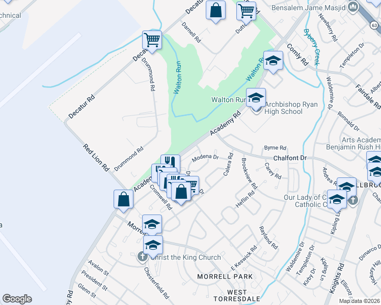 map of restaurants, bars, coffee shops, grocery stores, and more near 10849 Academy Road in Philadelphia