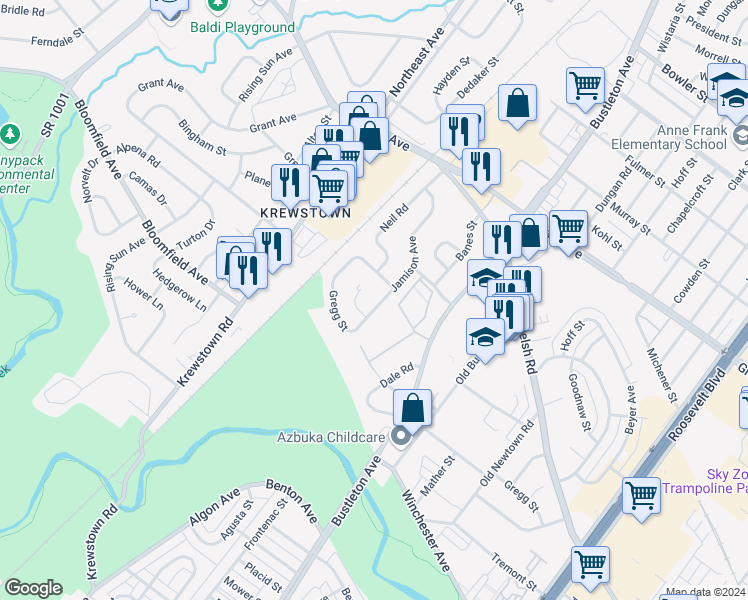 map of restaurants, bars, coffee shops, grocery stores, and more near 1568 Stoney Lane in Philadelphia