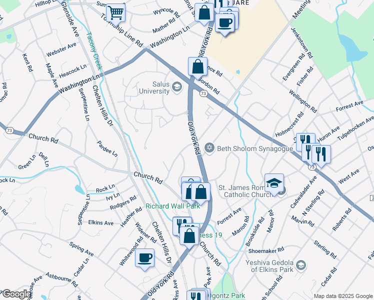 map of restaurants, bars, coffee shops, grocery stores, and more near 8251 Old York Road in Elkins Park