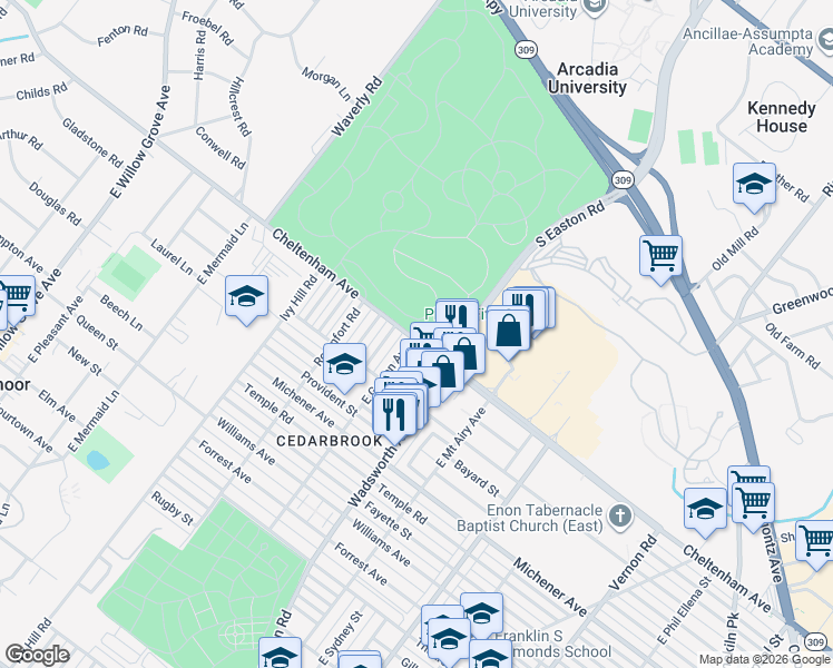map of restaurants, bars, coffee shops, grocery stores, and more near 3231-3299 West Cheltenham Avenue in Glenside