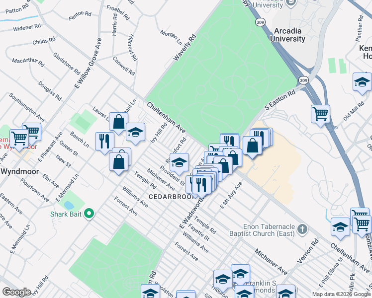 map of restaurants, bars, coffee shops, grocery stores, and more near 1615 Roumfort Road in Philadelphia