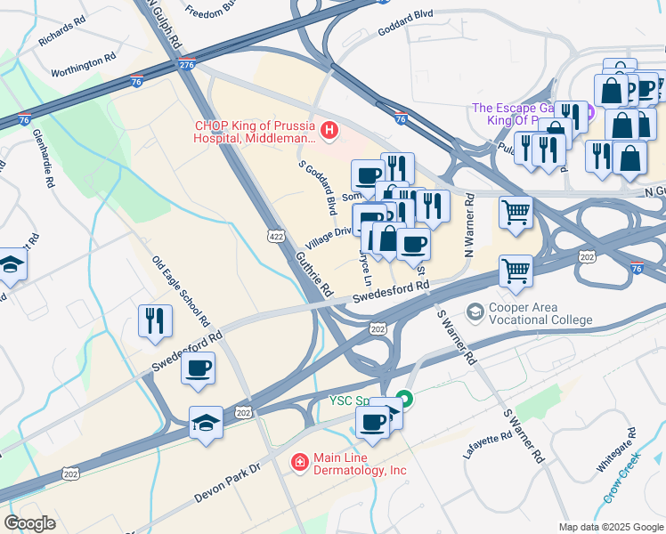map of restaurants, bars, coffee shops, grocery stores, and more near 301 Village Drive in King of Prussia