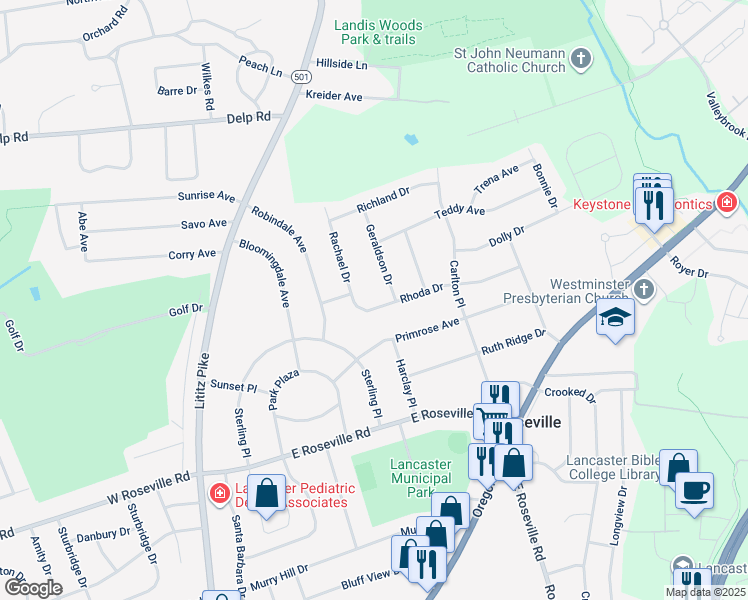 map of restaurants, bars, coffee shops, grocery stores, and more near 295 Rhoda Drive in Lancaster