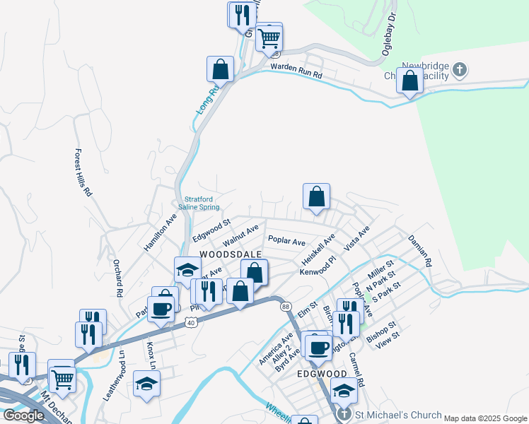 map of restaurants, bars, coffee shops, grocery stores, and more near 8 Woodlawn Court in Wheeling