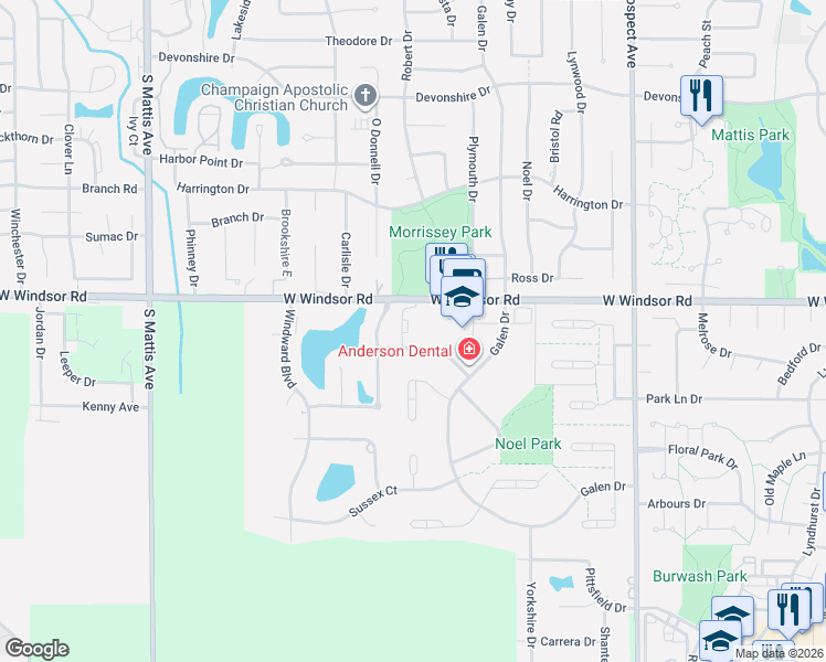 map of restaurants, bars, coffee shops, grocery stores, and more near 2422 Morrissey Park Drive in Champaign