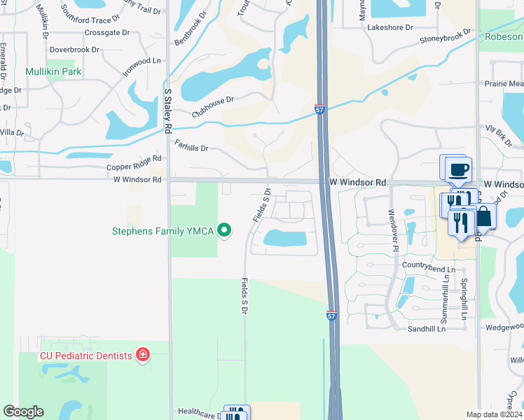 map of restaurants, bars, coffee shops, grocery stores, and more near 2416 Fields South Drive in Champaign