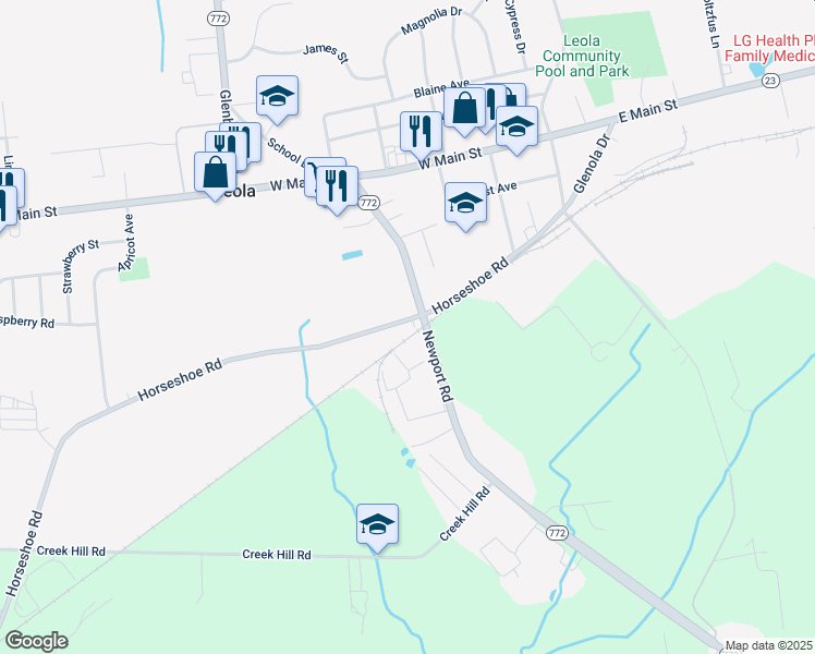map of restaurants, bars, coffee shops, grocery stores, and more near 74 Horseshoe Road in Leola