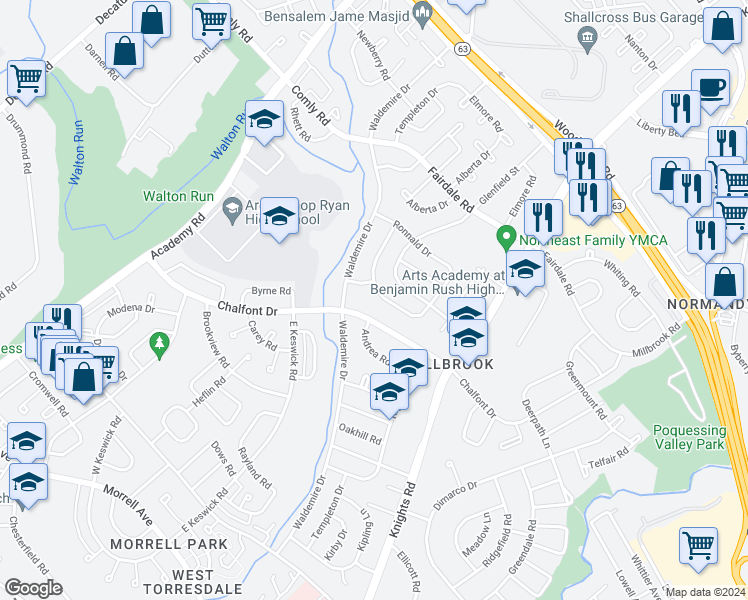 map of restaurants, bars, coffee shops, grocery stores, and more near 3806 Violet Drive in Philadelphia