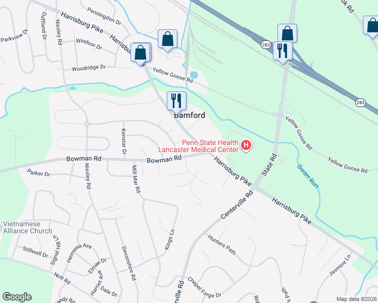 map of restaurants, bars, coffee shops, grocery stores, and more near 109 Clover Circle in Lancaster County