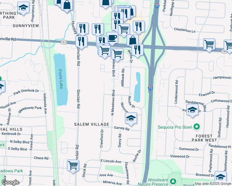 map of restaurants, bars, coffee shops, grocery stores, and more near 5735 Millbank Road in Columbus