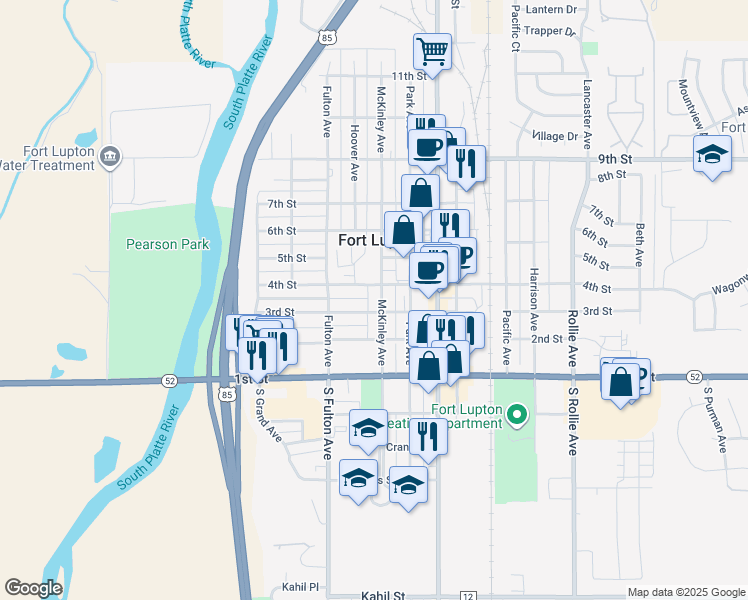 map of restaurants, bars, coffee shops, grocery stores, and more near 340 4th Street in Fort Lupton