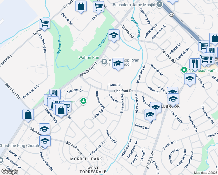 map of restaurants, bars, coffee shops, grocery stores, and more near 3506 Byrne Road in Philadelphia