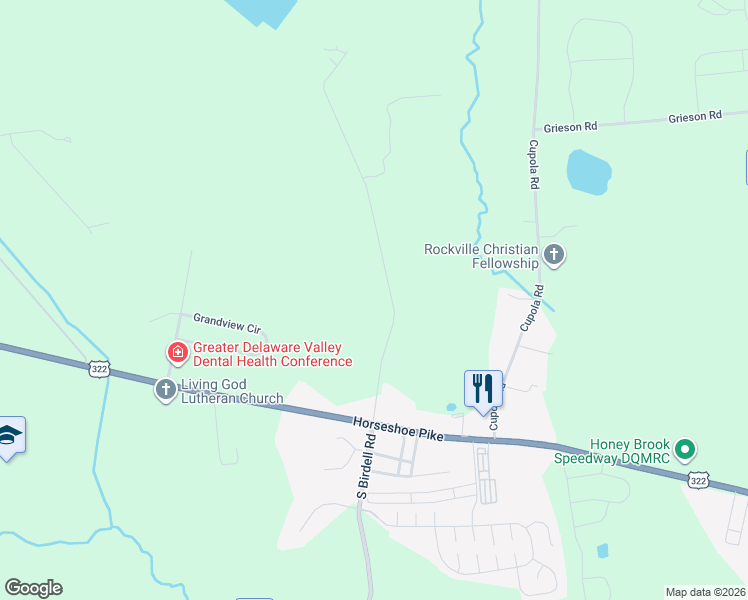 map of restaurants, bars, coffee shops, grocery stores, and more near 401 Birdell Road in Honey Brook