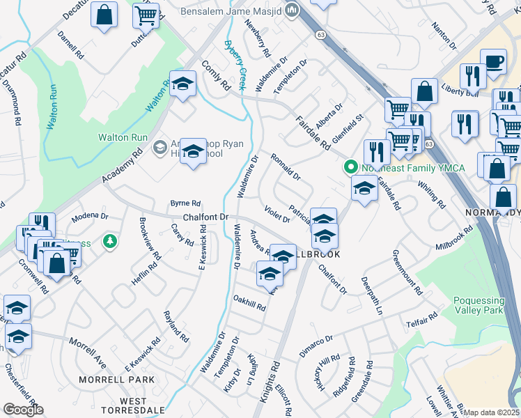 map of restaurants, bars, coffee shops, grocery stores, and more near 3806 Violet Drive in Philadelphia