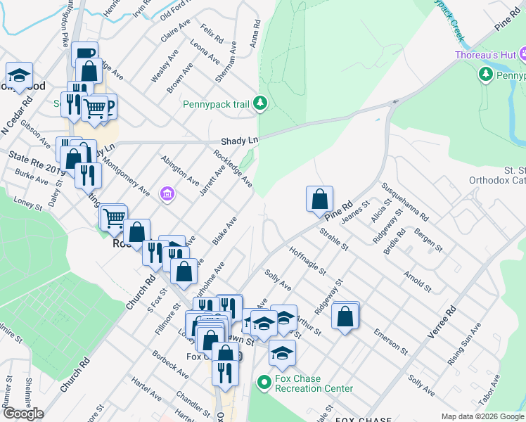 map of restaurants, bars, coffee shops, grocery stores, and more near 8248 Rockwell Avenue in Philadelphia