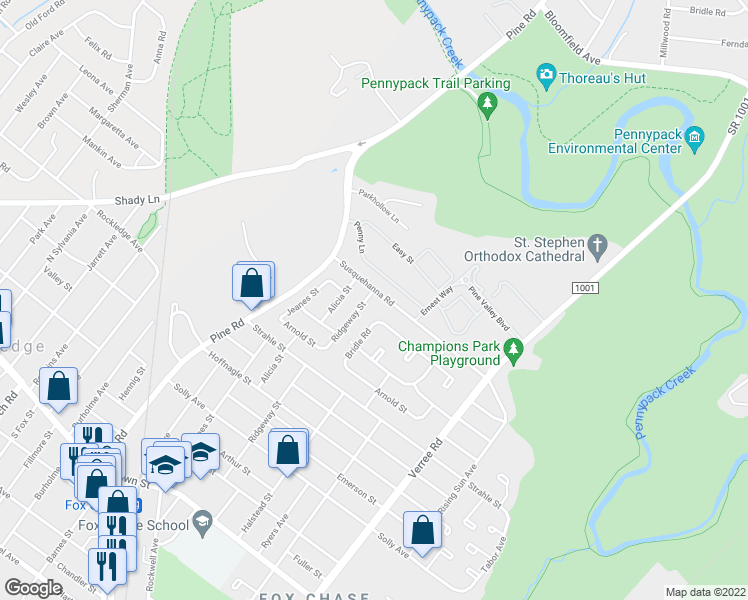 map of restaurants, bars, coffee shops, grocery stores, and more near 8543 Ridgeway Street in Philadelphia