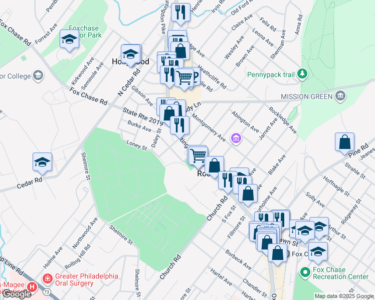 map of restaurants, bars, coffee shops, grocery stores, and more near 601 Huntingdon Pike in Rockledge