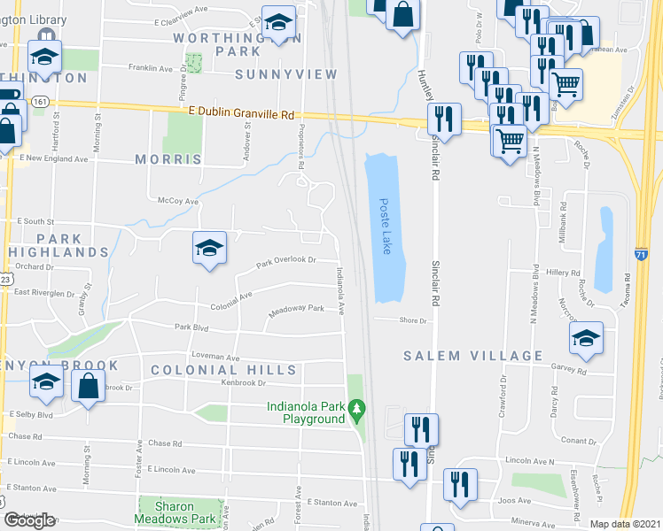 map of restaurants, bars, coffee shops, grocery stores, and more near 5781 Indianola Ave in Worthington