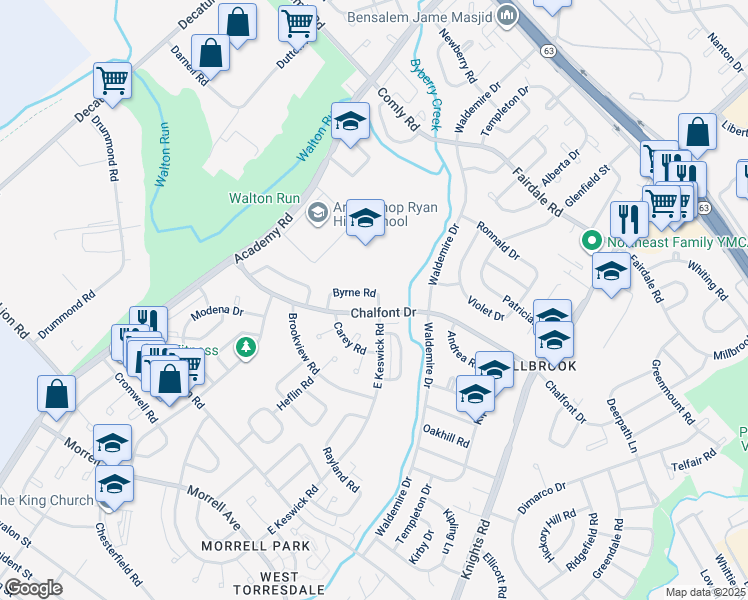 map of restaurants, bars, coffee shops, grocery stores, and more near 11010 East Keswick Road in Philadelphia