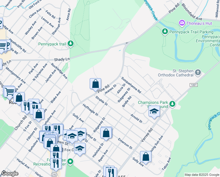 map of restaurants, bars, coffee shops, grocery stores, and more near 8512 Jeanes Street in Philadelphia