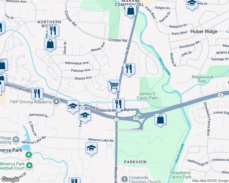 map of restaurants, bars, coffee shops, grocery stores, and more near 5391-5393 Westerville Road in Columbus