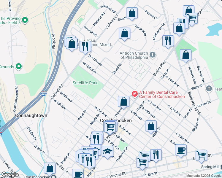 map of restaurants, bars, coffee shops, grocery stores, and more near 213 West 10th Avenue in Conshohocken