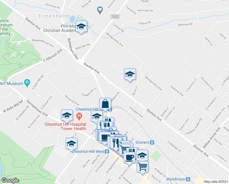 map of restaurants, bars, coffee shops, grocery stores, and more near 8820 Stenton Avenue in Philadelphia