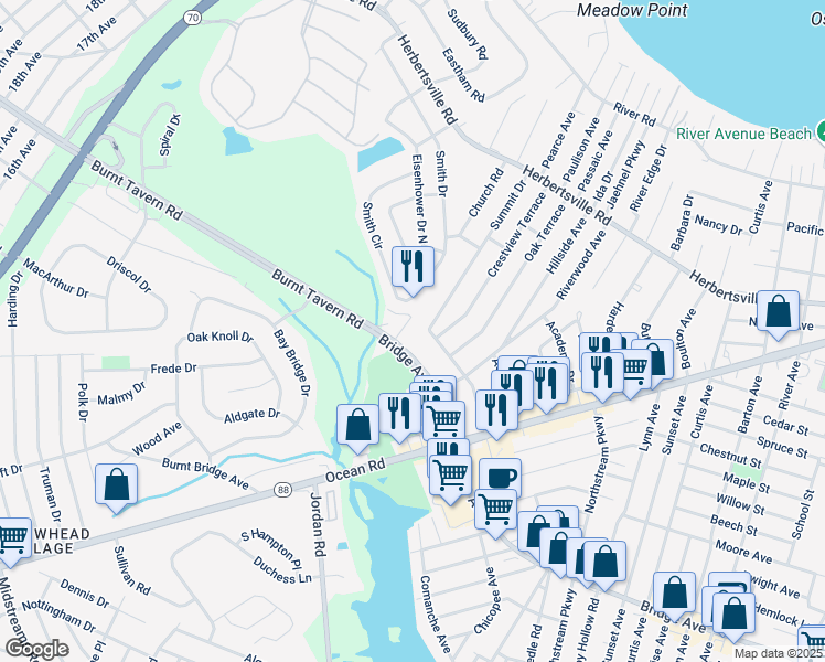 map of restaurants, bars, coffee shops, grocery stores, and more near 3401 Bridge Avenue in Point Pleasant