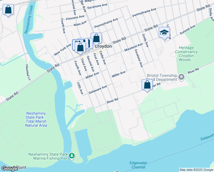 map of restaurants, bars, coffee shops, grocery stores, and more near 1101 1st Avenue in Croydon