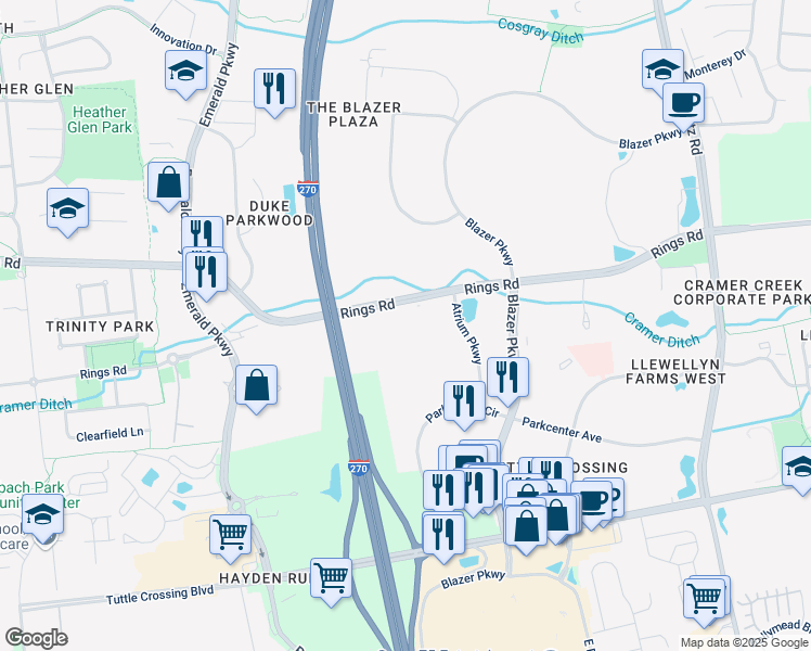 map of restaurants, bars, coffee shops, grocery stores, and more near 5475 Rings Road in Dublin